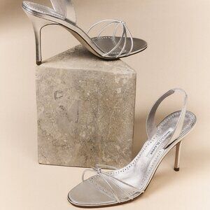 MANOLO BLAHNIK Stiletto Sandals "Sareta" Metallic Leather Heels NIB, Size 8.5